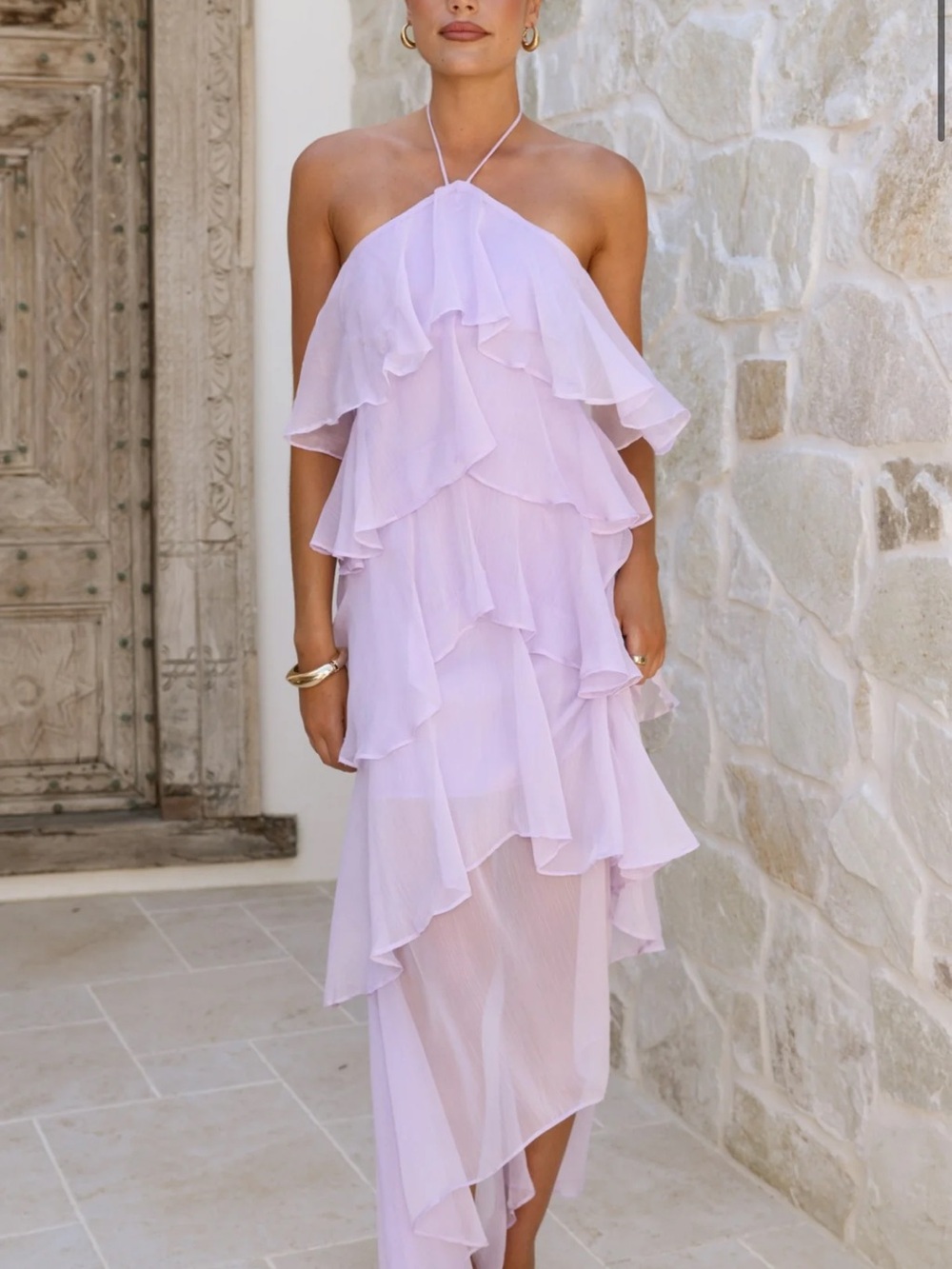Halter Ruffle High-Low Dress in Lilac